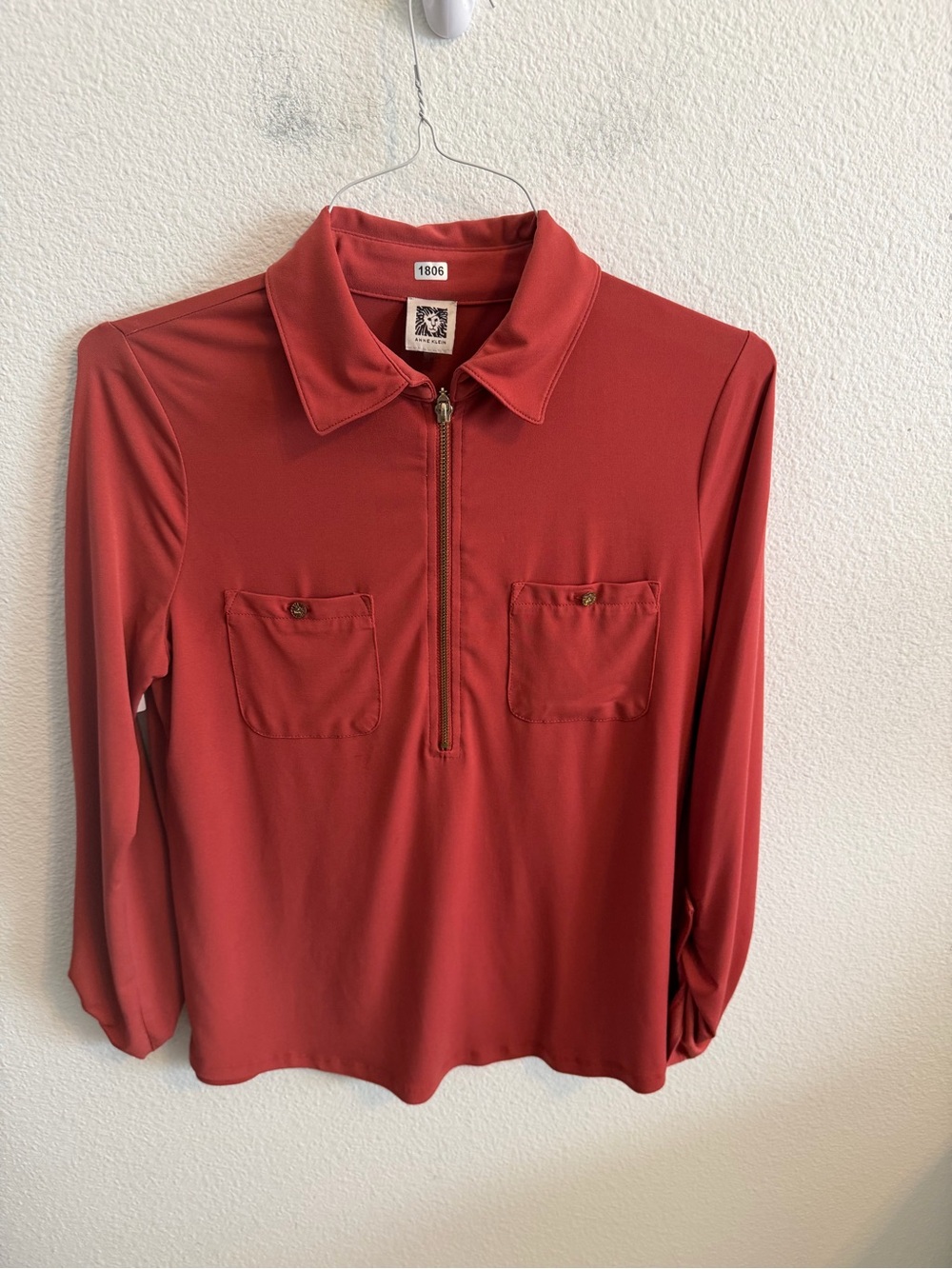 Anne Klein Long-Sleeve Half-Zip Polo in Brick Red